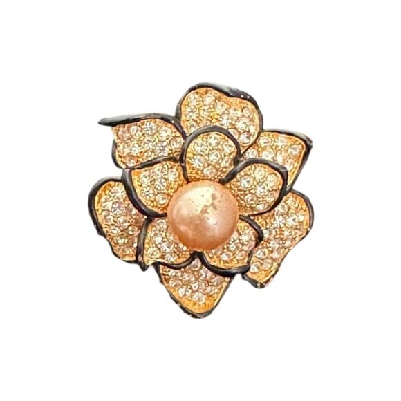 80’s Vintage Rhinestone & Pearl Flower Brooch - Picture 1 of 4